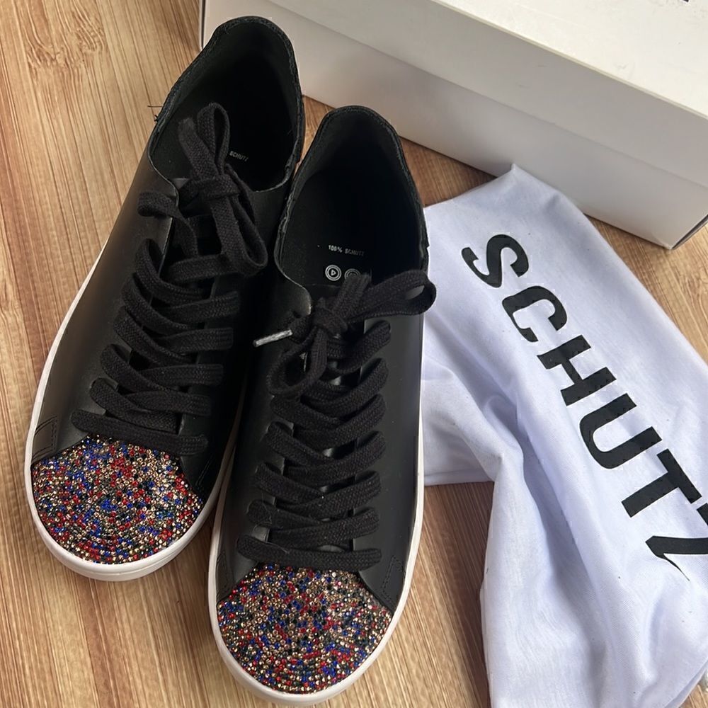Schutz Sienna Rhinestone Toe Lace-up Sneaker in Black - Picture 3 of 13